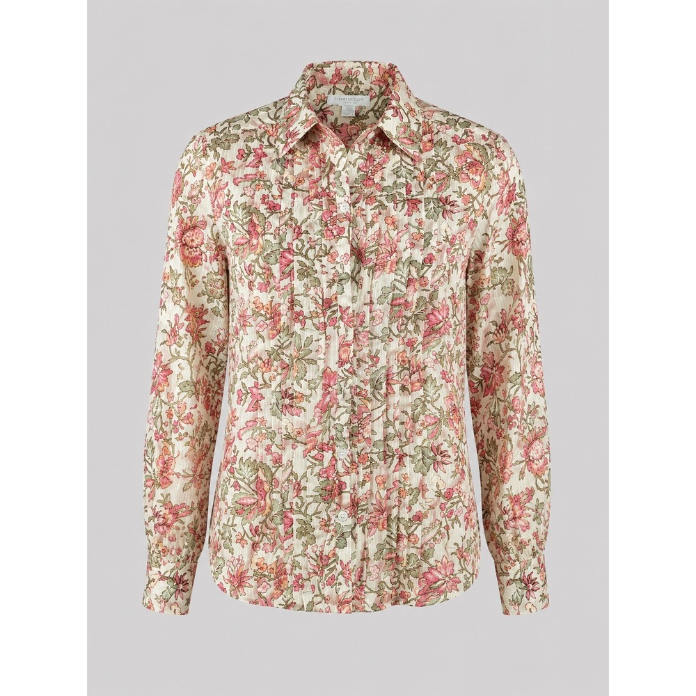 Charter Club Petite Floral Button Down Shirt Pink Green Bilbao II 6P NEW